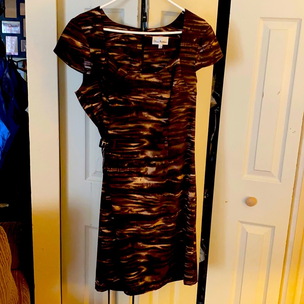 Chocolate brown and tan sleeveless dress with belt